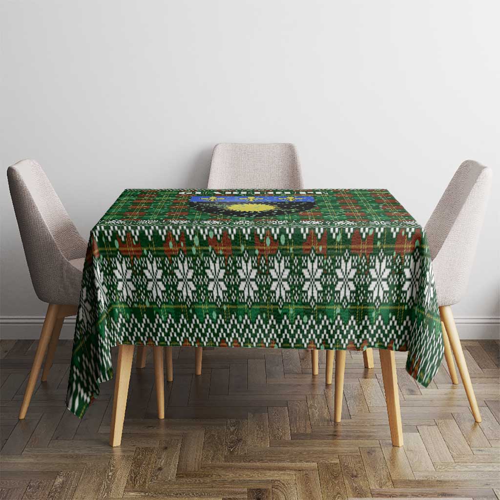 Guadeloupe Christmas Tablecloth with Green-Red Plaid Design, Sun and Sugarcane Emblem, and Santa Sleigh Motif - Wonder Print Shop