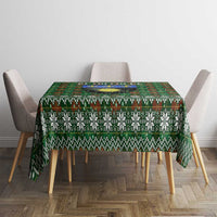 Guadeloupe Christmas Tablecloth with Green-Red Plaid Design, Sun and Sugarcane Emblem, and Santa Sleigh Motif - Wonder Print Shop