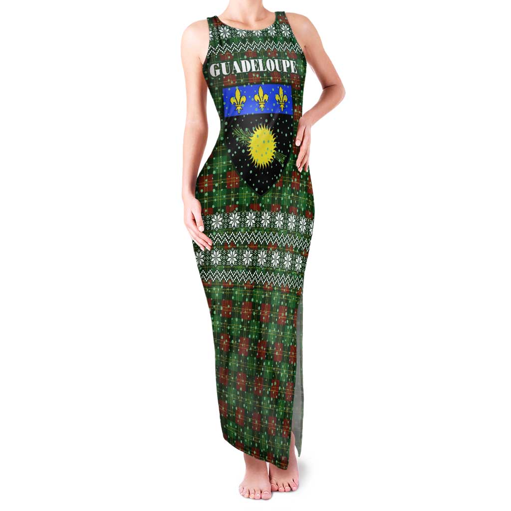 Guadeloupe Christmas Tank Maxi Dress with Green-Red Plaid Design, Sun and Sugarcane Emblem, and Santa Sleigh Motif - Wonder Print Shop