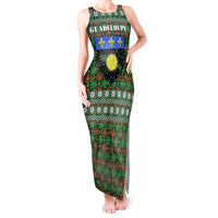 Guadeloupe Christmas Tank Maxi Dress with Green-Red Plaid Design, Sun and Sugarcane Emblem, and Santa Sleigh Motif - Wonder Print Shop