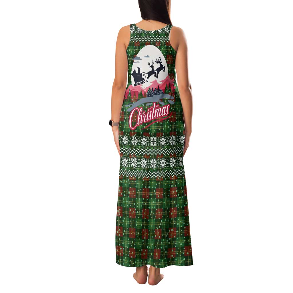 Guadeloupe Christmas Tank Maxi Dress with Green-Red Plaid Design, Sun and Sugarcane Emblem, and Santa Sleigh Motif - Wonder Print Shop