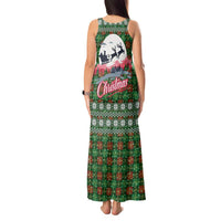 Guadeloupe Christmas Tank Maxi Dress with Green-Red Plaid Design, Sun and Sugarcane Emblem, and Santa Sleigh Motif - Wonder Print Shop