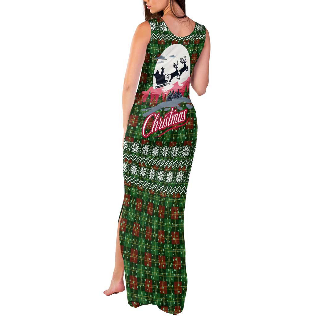 Guadeloupe Christmas Tank Maxi Dress with Green-Red Plaid Design, Sun and Sugarcane Emblem, and Santa Sleigh Motif - Wonder Print Shop