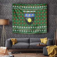 Guadeloupe Christmas Tapestry with Green-Red Plaid Design, Sun and Sugarcane Emblem, and Santa Sleigh Motif - Wonder Print Shop