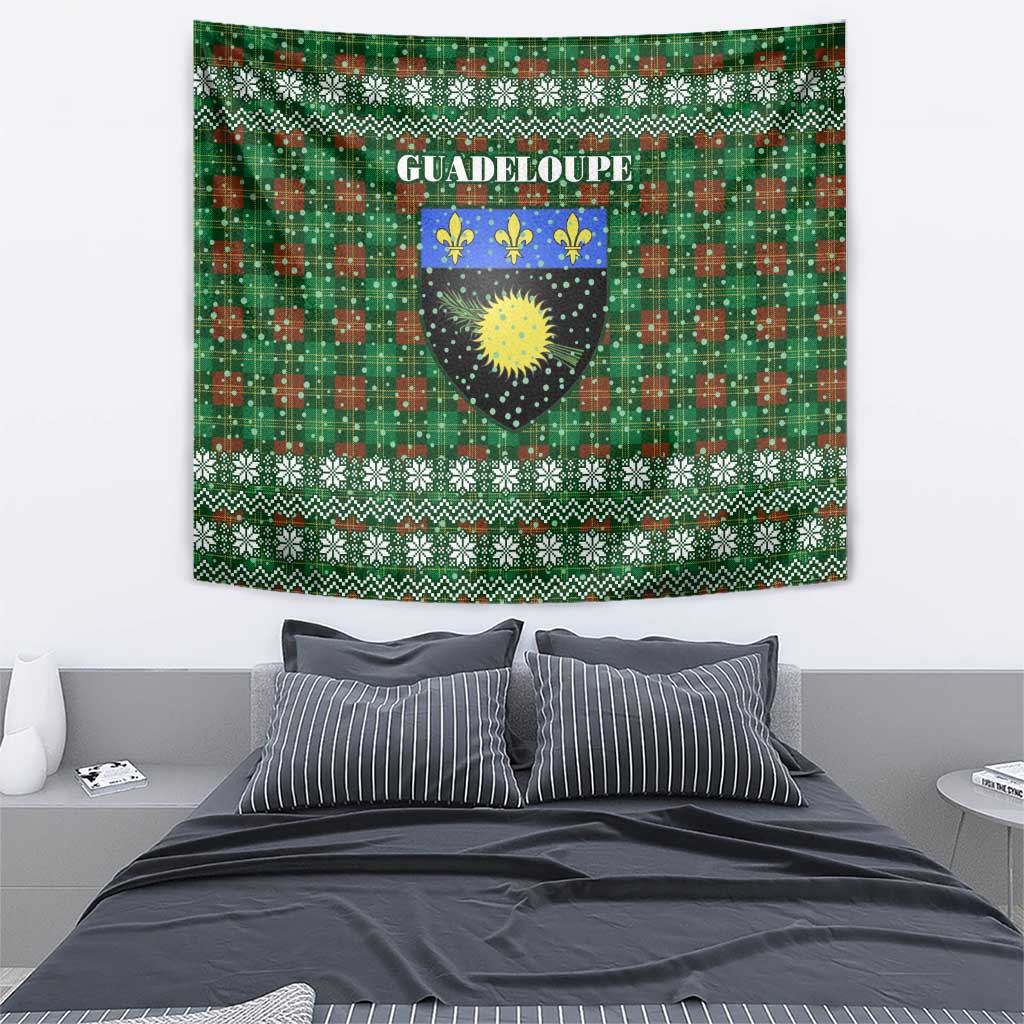 Guadeloupe Christmas Tapestry with Green-Red Plaid Design, Sun and Sugarcane Emblem, and Santa Sleigh Motif - Wonder Print Shop