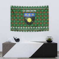 Guadeloupe Christmas Tapestry with Green-Red Plaid Design, Sun and Sugarcane Emblem, and Santa Sleigh Motif - Wonder Print Shop