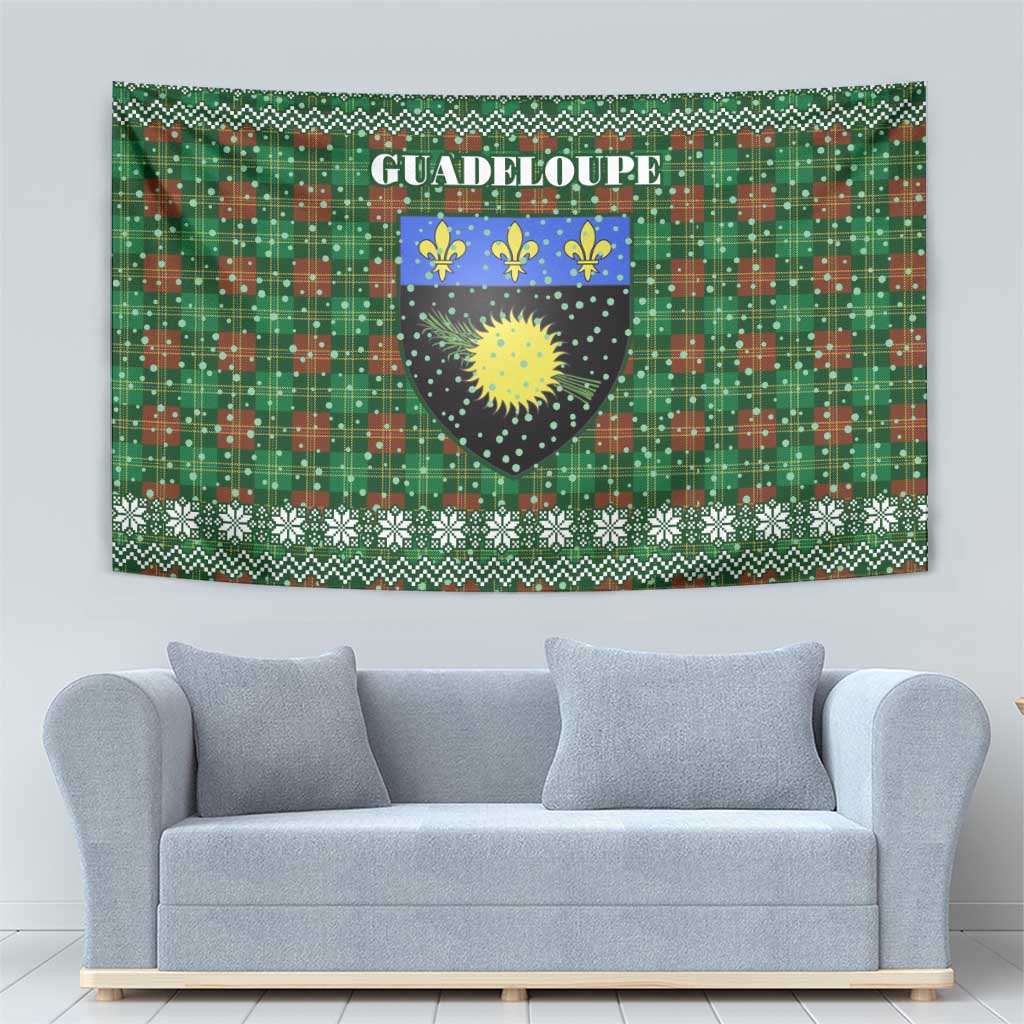Guadeloupe Christmas Tapestry with Green-Red Plaid Design, Sun and Sugarcane Emblem, and Santa Sleigh Motif - Wonder Print Shop