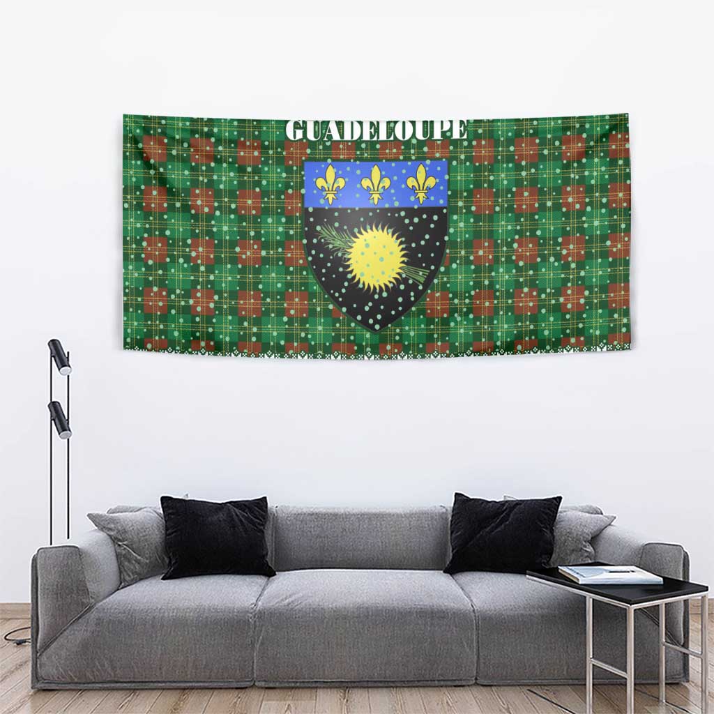 Guadeloupe Christmas Tapestry with Green-Red Plaid Design, Sun and Sugarcane Emblem, and Santa Sleigh Motif - Wonder Print Shop