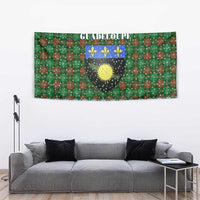 Guadeloupe Christmas Tapestry with Green-Red Plaid Design, Sun and Sugarcane Emblem, and Santa Sleigh Motif - Wonder Print Shop