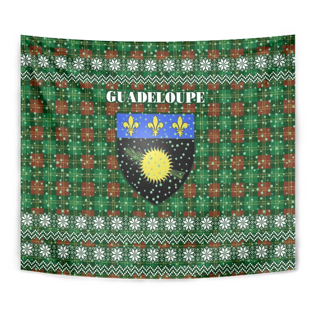 Guadeloupe Christmas Tapestry with Green-Red Plaid Design, Sun and Sugarcane Emblem, and Santa Sleigh Motif - Wonder Print Shop
