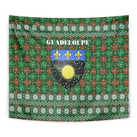 Guadeloupe Christmas Tapestry with Green-Red Plaid Design, Sun and Sugarcane Emblem, and Santa Sleigh Motif - Wonder Print Shop