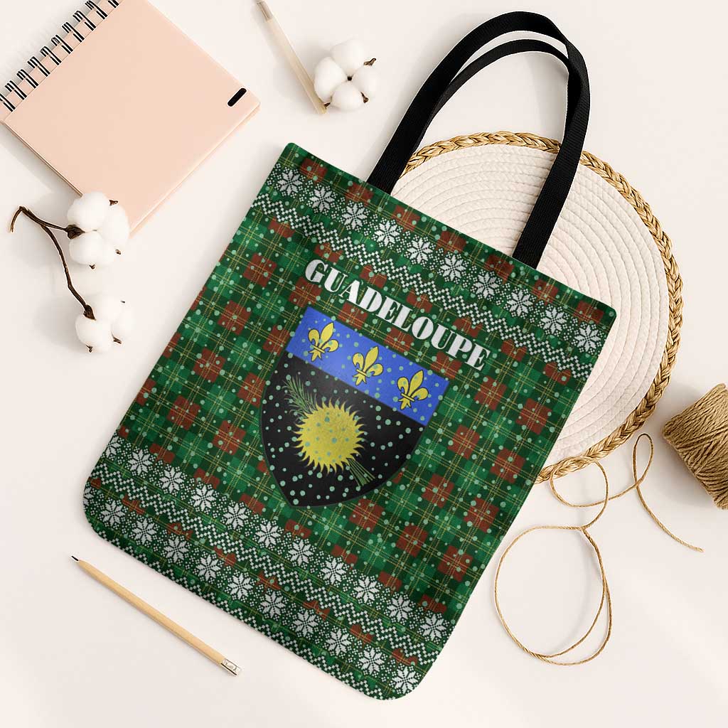 Guadeloupe Christmas Tote Bag with Green-Red Plaid Design, Sun and Sugarcane Emblem, and Santa Sleigh Motif - Wonder Print Shop