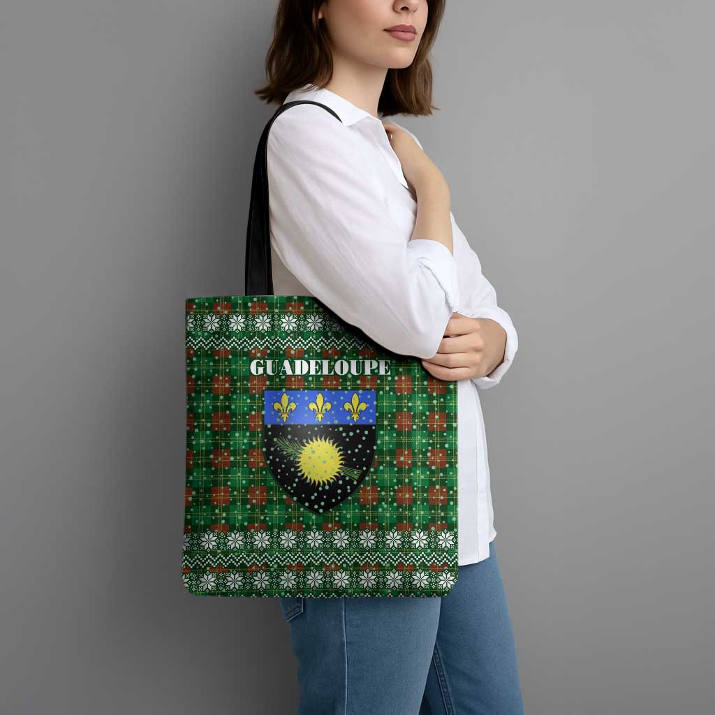 Guadeloupe Christmas Tote Bag with Green-Red Plaid Design, Sun and Sugarcane Emblem, and Santa Sleigh Motif - Wonder Print Shop