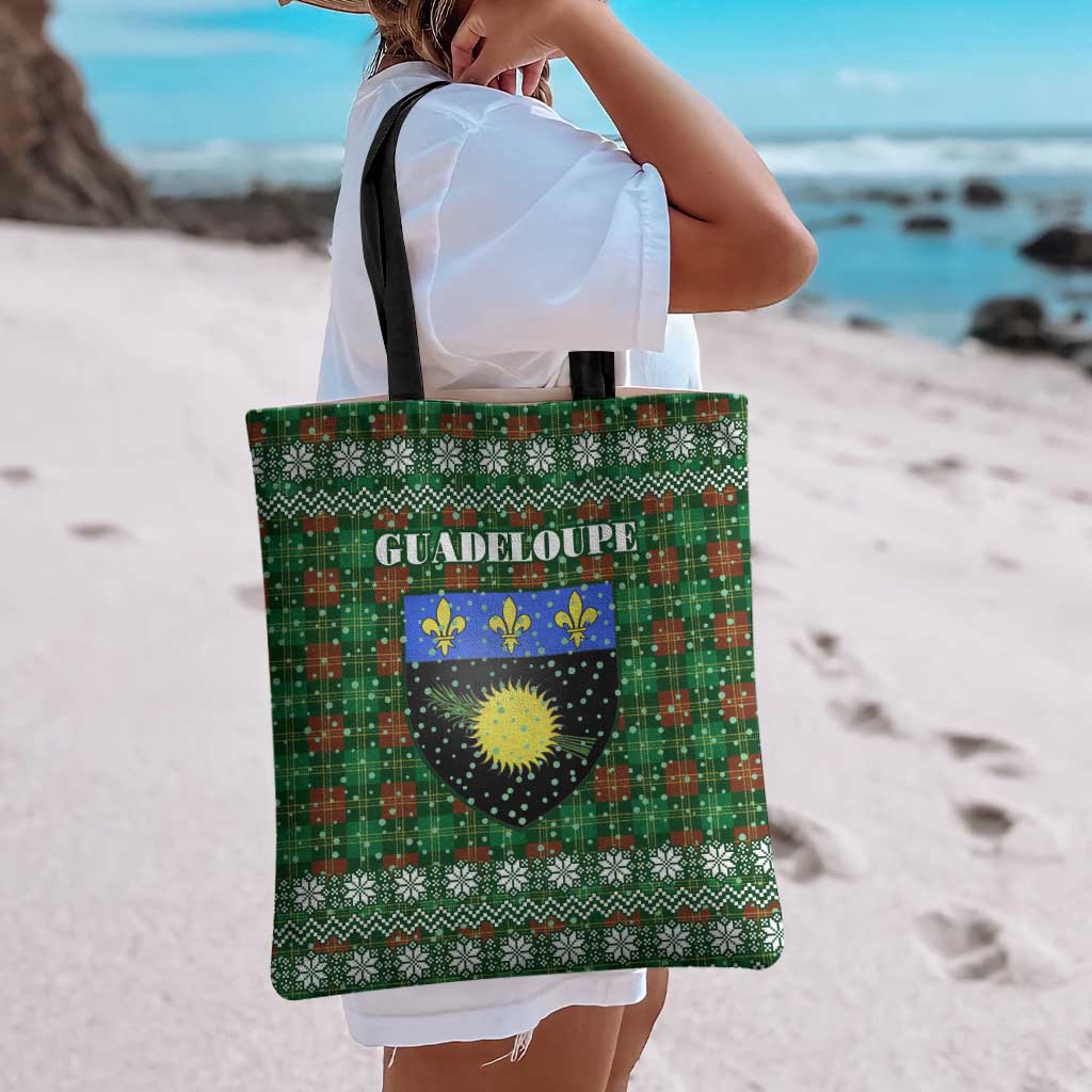 Guadeloupe Christmas Tote Bag with Green-Red Plaid Design, Sun and Sugarcane Emblem, and Santa Sleigh Motif - Wonder Print Shop