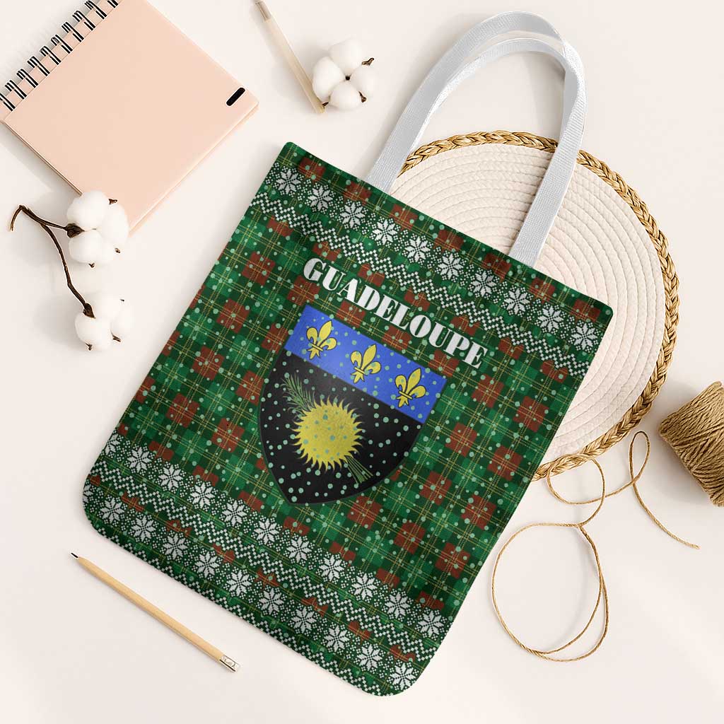 Guadeloupe Christmas Tote Bag with Green-Red Plaid Design, Sun and Sugarcane Emblem, and Santa Sleigh Motif - Wonder Print Shop