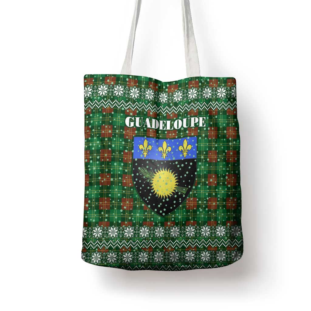 Guadeloupe Christmas Tote Bag with Green-Red Plaid Design, Sun and Sugarcane Emblem, and Santa Sleigh Motif - Wonder Print Shop