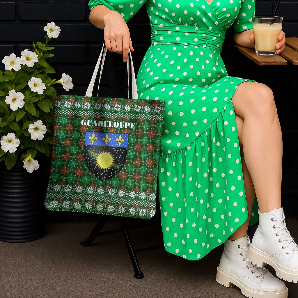 Guadeloupe Christmas Tote Bag with Green-Red Plaid Design, Sun and Sugarcane Emblem, and Santa Sleigh Motif - Wonder Print Shop