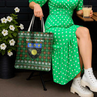 Guadeloupe Christmas Tote Bag with Green-Red Plaid Design, Sun and Sugarcane Emblem, and Santa Sleigh Motif - Wonder Print Shop