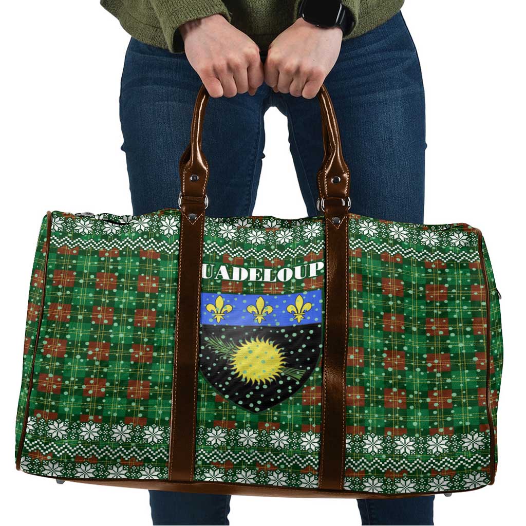 Guadeloupe Christmas Travel Bag with Green-Red Plaid Design, Sun and Sugarcane Emblem, and Santa Sleigh Motif - Wonder Print Shop