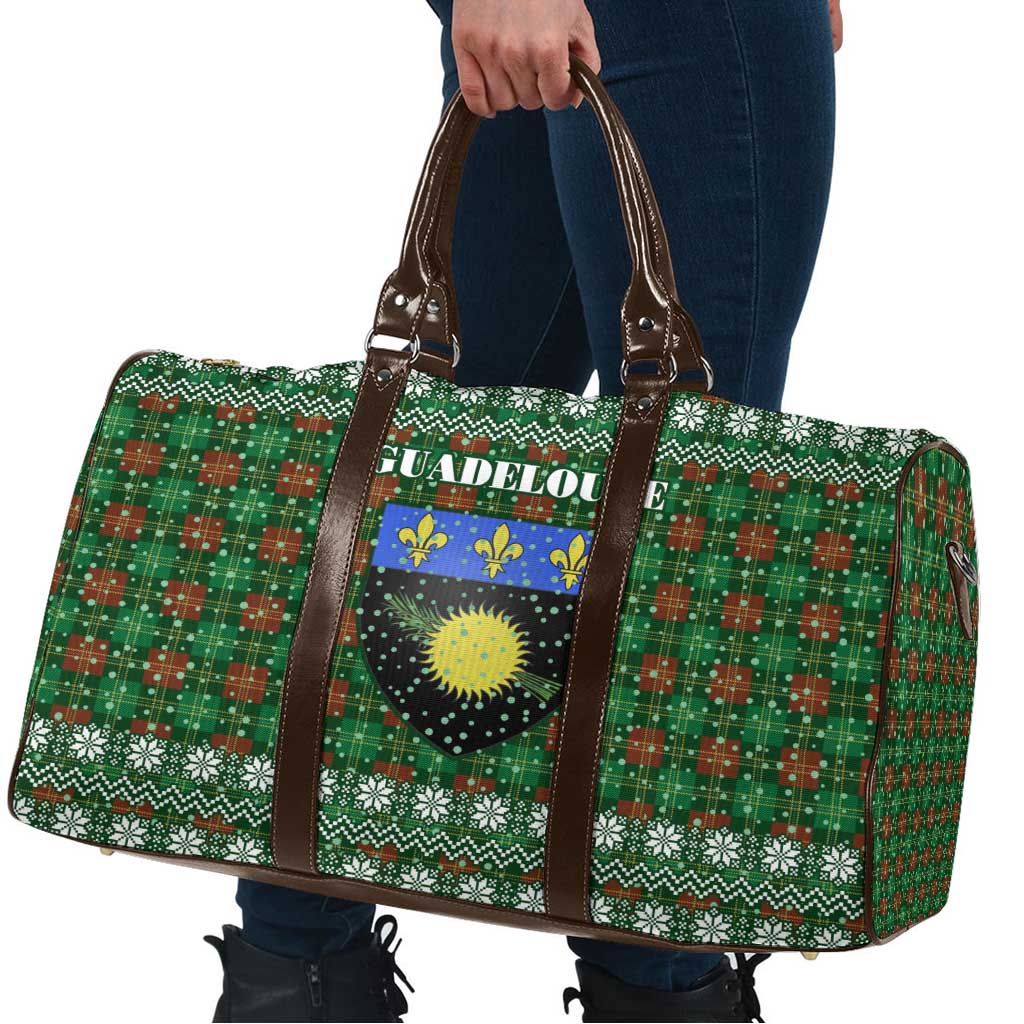 Guadeloupe Christmas Travel Bag with Green-Red Plaid Design, Sun and Sugarcane Emblem, and Santa Sleigh Motif - Wonder Print Shop