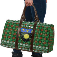 Guadeloupe Christmas Travel Bag with Green-Red Plaid Design, Sun and Sugarcane Emblem, and Santa Sleigh Motif - Wonder Print Shop