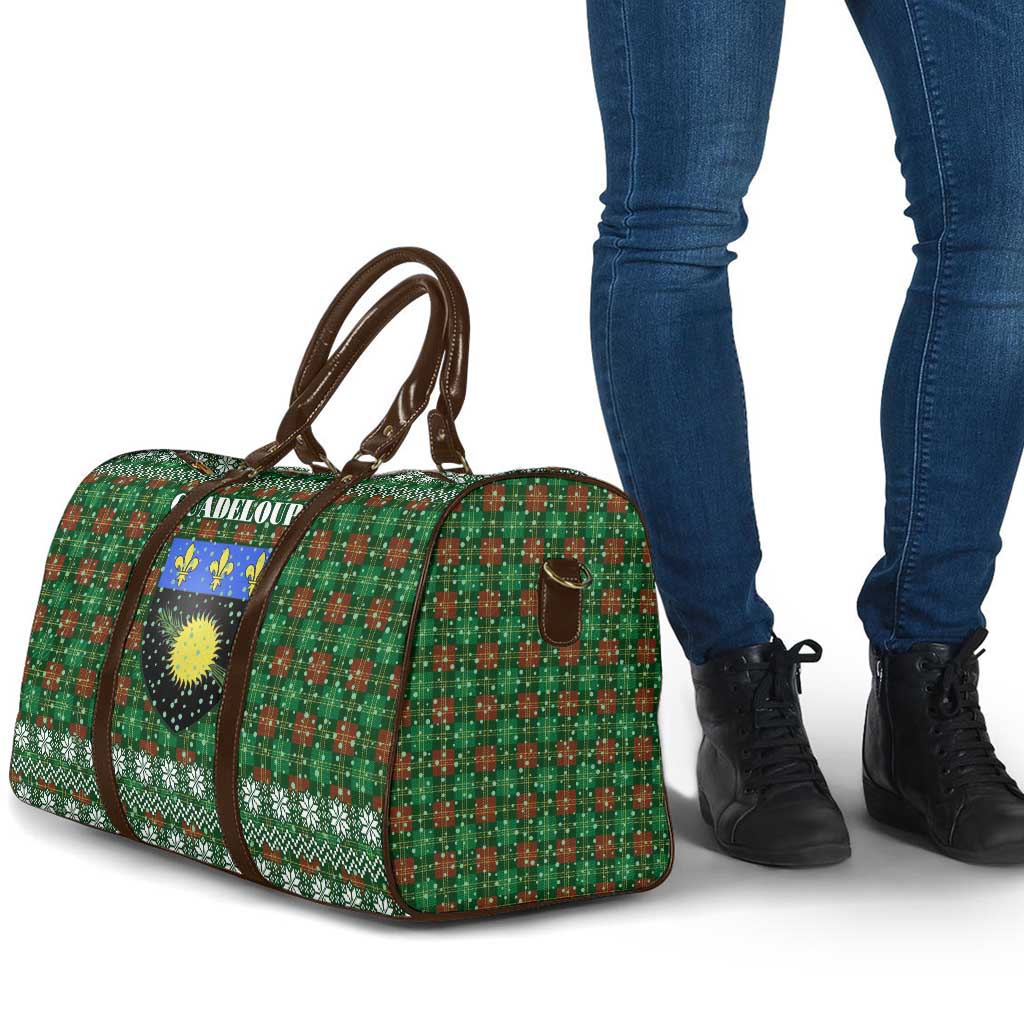 Guadeloupe Christmas Travel Bag with Green-Red Plaid Design, Sun and Sugarcane Emblem, and Santa Sleigh Motif - Wonder Print Shop