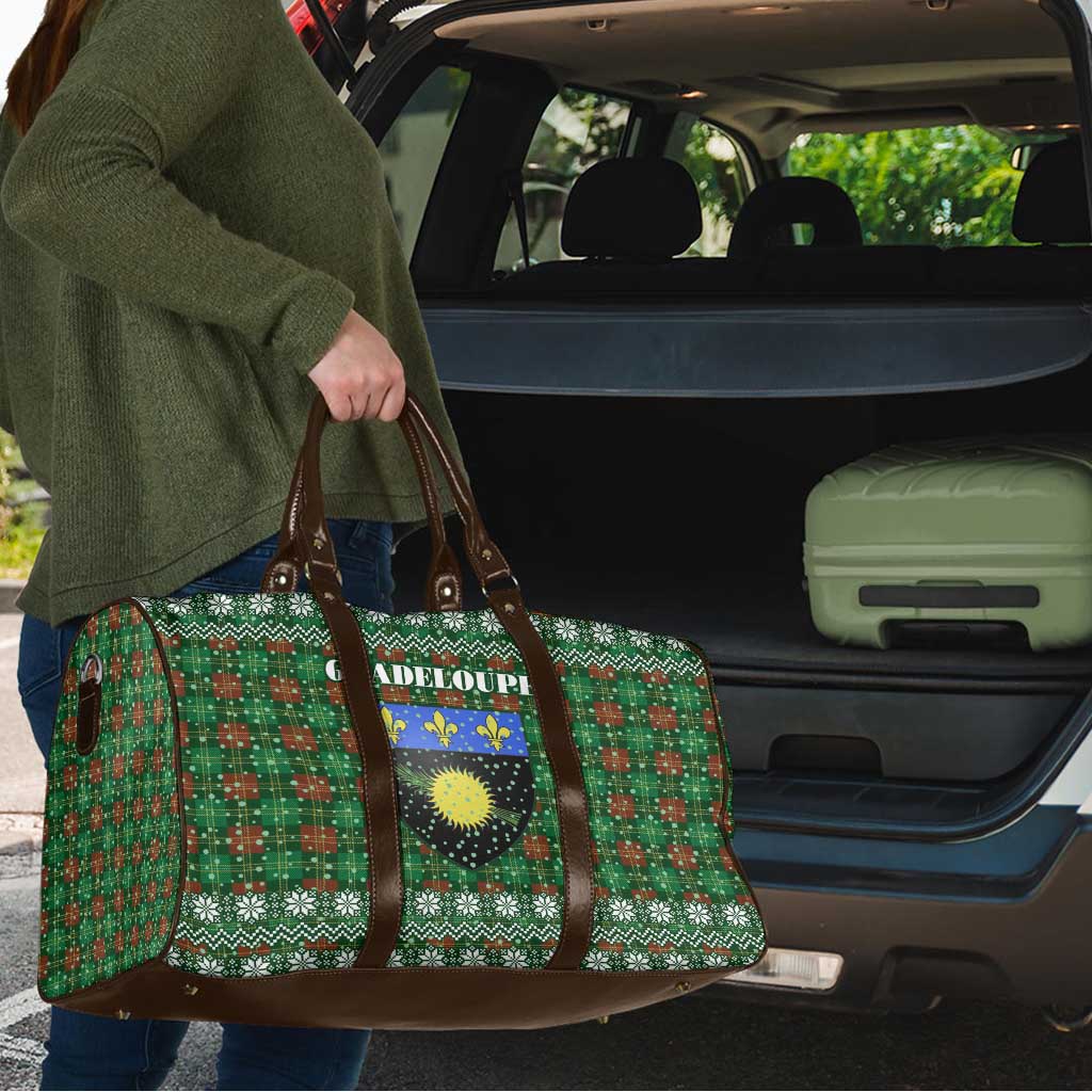 Guadeloupe Christmas Travel Bag with Green-Red Plaid Design, Sun and Sugarcane Emblem, and Santa Sleigh Motif - Wonder Print Shop