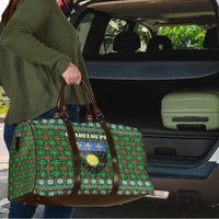 Guadeloupe Christmas Travel Bag with Green-Red Plaid Design, Sun and Sugarcane Emblem, and Santa Sleigh Motif - Wonder Print Shop