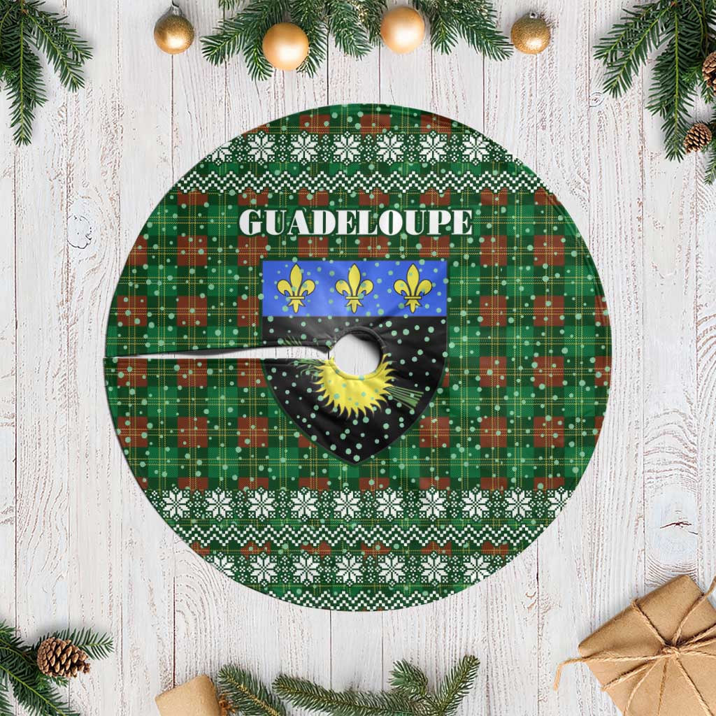 Guadeloupe Christmas Tree Skirt with Green-Red Plaid Design, Sun and Sugarcane Emblem, and Santa Sleigh Motif - Wonder Print Shop