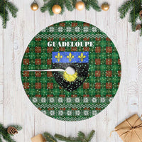 Guadeloupe Christmas Tree Skirt with Green-Red Plaid Design, Sun and Sugarcane Emblem, and Santa Sleigh Motif - Wonder Print Shop