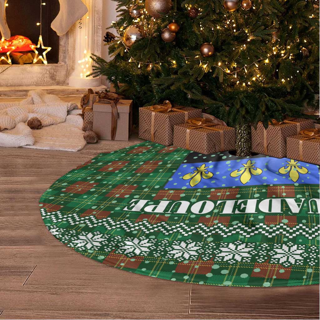 Guadeloupe Christmas Tree Skirt with Green-Red Plaid Design, Sun and Sugarcane Emblem, and Santa Sleigh Motif - Wonder Print Shop