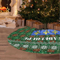 Guadeloupe Christmas Tree Skirt with Green-Red Plaid Design, Sun and Sugarcane Emblem, and Santa Sleigh Motif - Wonder Print Shop