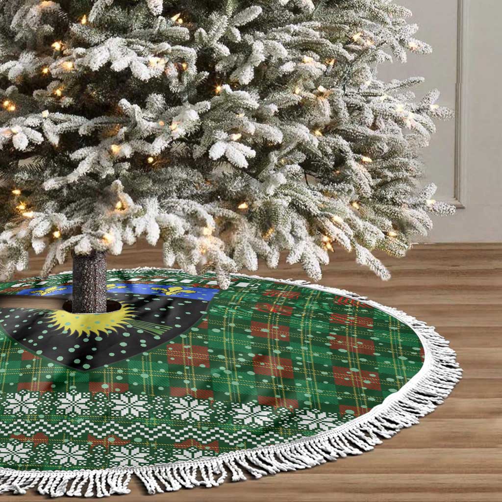 Guadeloupe Christmas Tree Skirt with Green-Red Plaid Design, Sun and Sugarcane Emblem, and Santa Sleigh Motif - Wonder Print Shop