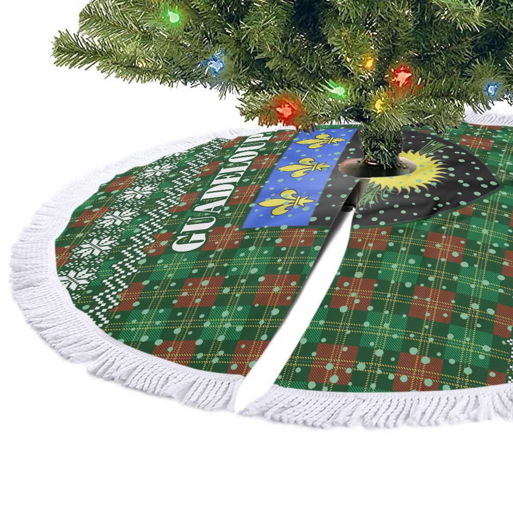 Guadeloupe Christmas Tree Skirt with Green-Red Plaid Design, Sun and Sugarcane Emblem, and Santa Sleigh Motif - Wonder Print Shop