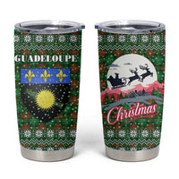Guadeloupe Christmas Tumbler Cup with Green-Red Plaid Design, Sun and Sugarcane Emblem, and Santa Sleigh Motif - Wonder Print Shop