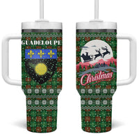 Guadeloupe Christmas Tumbler With Handle with Green-Red Plaid Design, Sun and Sugarcane Emblem, and Santa Sleigh Motif - Wonder Print Shop