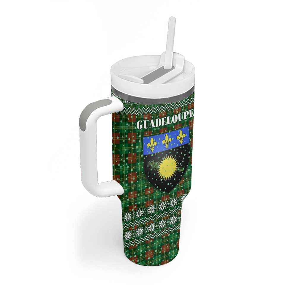 Guadeloupe Christmas Tumbler With Handle with Green-Red Plaid Design, Sun and Sugarcane Emblem, and Santa Sleigh Motif - Wonder Print Shop
