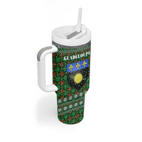 Guadeloupe Christmas Tumbler With Handle with Green-Red Plaid Design, Sun and Sugarcane Emblem, and Santa Sleigh Motif - Wonder Print Shop