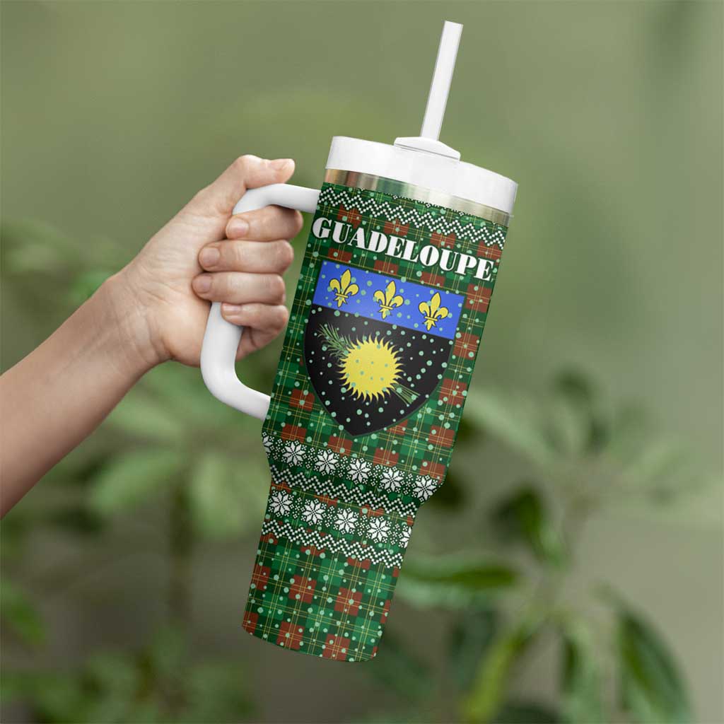 Guadeloupe Christmas Tumbler With Handle with Green-Red Plaid Design, Sun and Sugarcane Emblem, and Santa Sleigh Motif - Wonder Print Shop