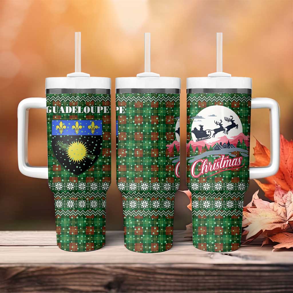 Guadeloupe Christmas Tumbler With Handle with Green-Red Plaid Design, Sun and Sugarcane Emblem, and Santa Sleigh Motif - Wonder Print Shop