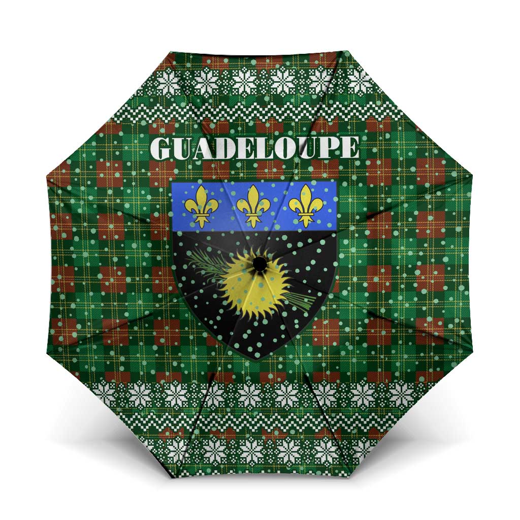 Guadeloupe Christmas Umbrella with Green-Red Plaid Design, Sun and Sugarcane Emblem, and Santa Sleigh Motif - Wonder Print Shop