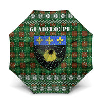 Guadeloupe Christmas Umbrella with Green-Red Plaid Design, Sun and Sugarcane Emblem, and Santa Sleigh Motif - Wonder Print Shop