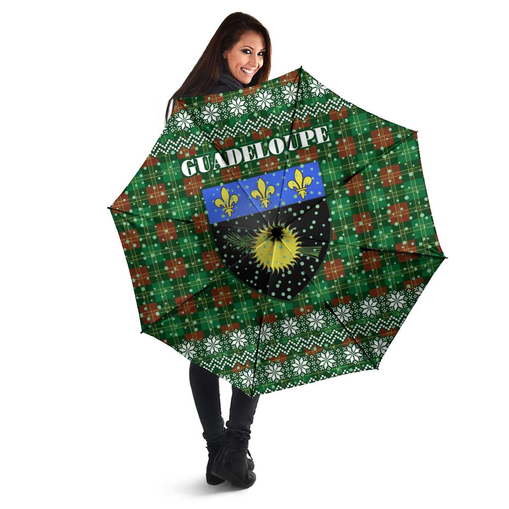 Guadeloupe Christmas Umbrella with Green-Red Plaid Design, Sun and Sugarcane Emblem, and Santa Sleigh Motif - Wonder Print Shop