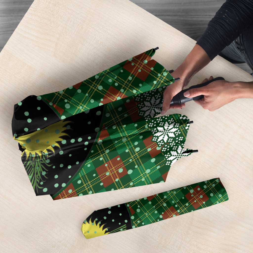 Guadeloupe Christmas Umbrella with Green-Red Plaid Design, Sun and Sugarcane Emblem, and Santa Sleigh Motif - Wonder Print Shop