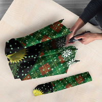 Guadeloupe Christmas Umbrella with Green-Red Plaid Design, Sun and Sugarcane Emblem, and Santa Sleigh Motif - Wonder Print Shop