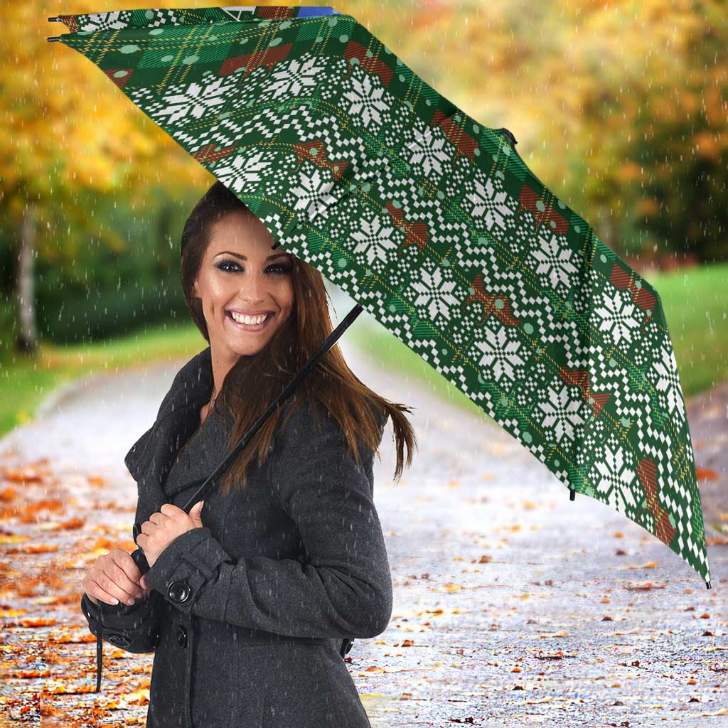 Guadeloupe Christmas Umbrella with Green-Red Plaid Design, Sun and Sugarcane Emblem, and Santa Sleigh Motif - Wonder Print Shop