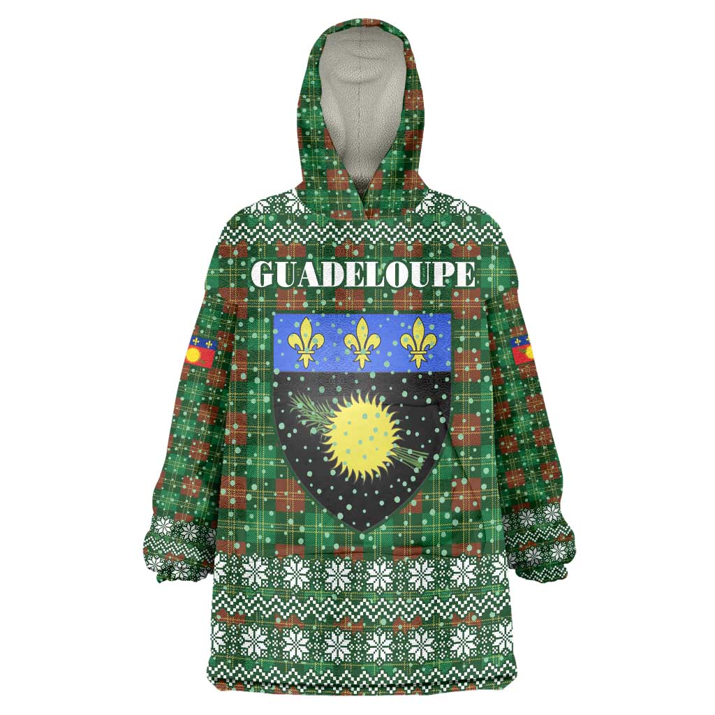 Guadeloupe Christmas Wearable Blanket Hoodie with Green-Red Plaid Design, Sun and Sugarcane Emblem, and Santa Sleigh Motif - Wonder Print Shop
