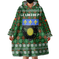 Guadeloupe Christmas Wearable Blanket Hoodie with Green-Red Plaid Design, Sun and Sugarcane Emblem, and Santa Sleigh Motif - Wonder Print Shop