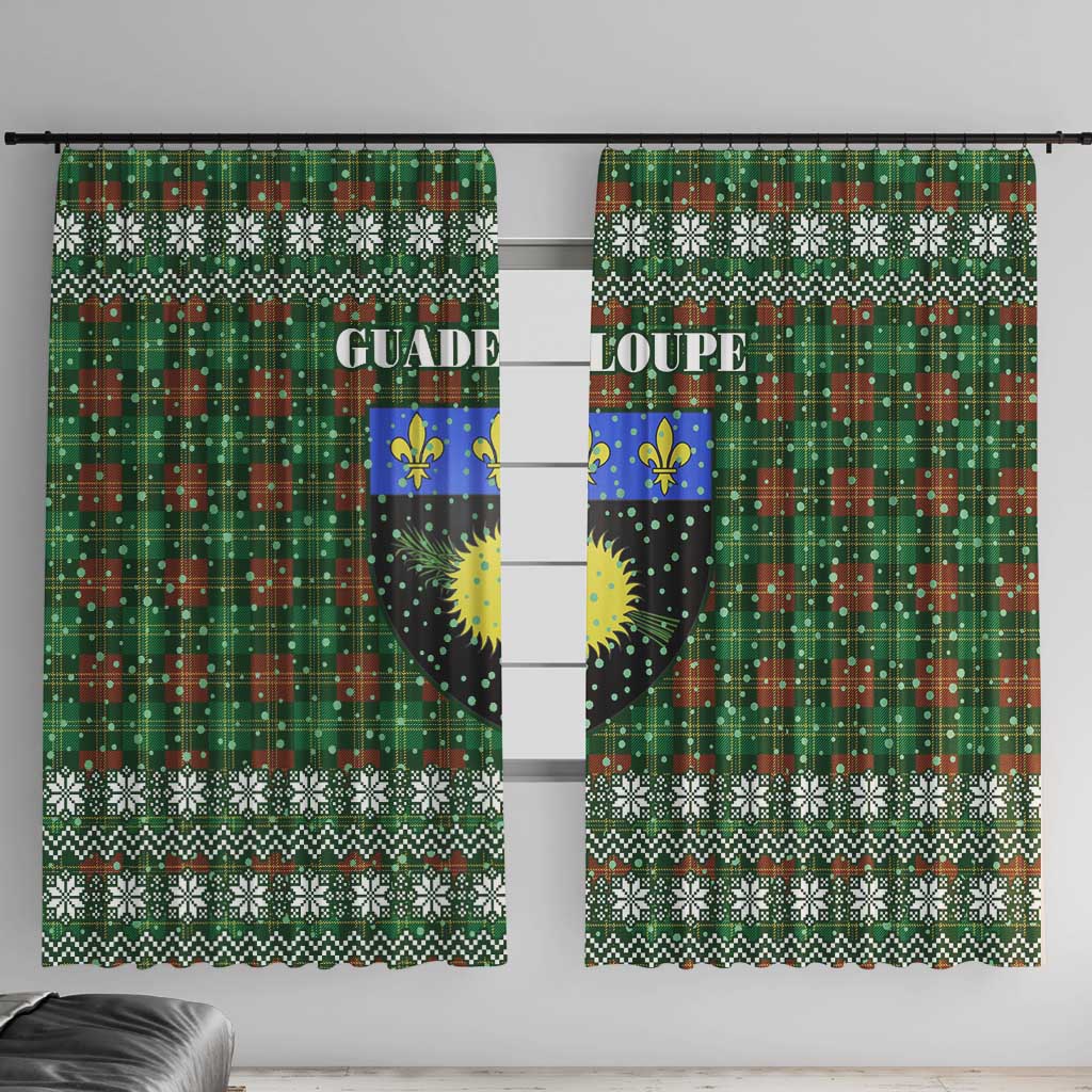Guadeloupe Christmas Window Curtain with Green-Red Plaid Design, Sun and Sugarcane Emblem, and Santa Sleigh Motif - Wonder Print Shop