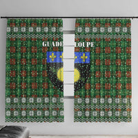 Guadeloupe Christmas Window Curtain with Green-Red Plaid Design, Sun and Sugarcane Emblem, and Santa Sleigh Motif - Wonder Print Shop